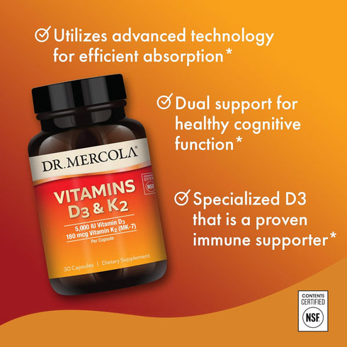 Dr. Mercola Vitamins D3 & K2, 30 Servings (30 Capsules), Dietary Supplement, Supports Immune Health, Non GMO, NSF Certified...