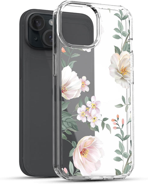 RANZ Case for iPhone 15, Anti-Scratch Shockproof Series Clear Hard PC + TPU Bumper Protective Cover Case for iPhone 15 (6.1") - White Magnolia Flo...