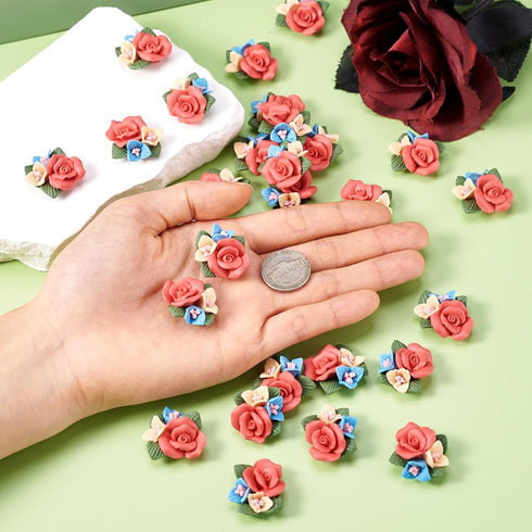 Beadthoven 50pcs Flatback Rose Flower Handmade Porcelain Cabochons Colorful Floral Bouquet Clay Beads Charms No Hole for Gluing DIY Jewelry Making...