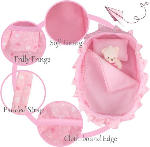 Baby Doll Cradle Bassinet Portable Doll Carrier Carry Bag,Soft Pillow Quilt Plush Bear Included,for 8-9-10-11-12 Inch and Smaller Dolls Alive Baby...