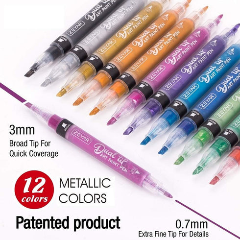 ZEYAR Dual Tip Acrylic Paint Pens 12 Metallic Colors, Board and Extra Fine Tips, Patented product, Water Based Acrylic & Waterproof Ink (12 Metall...