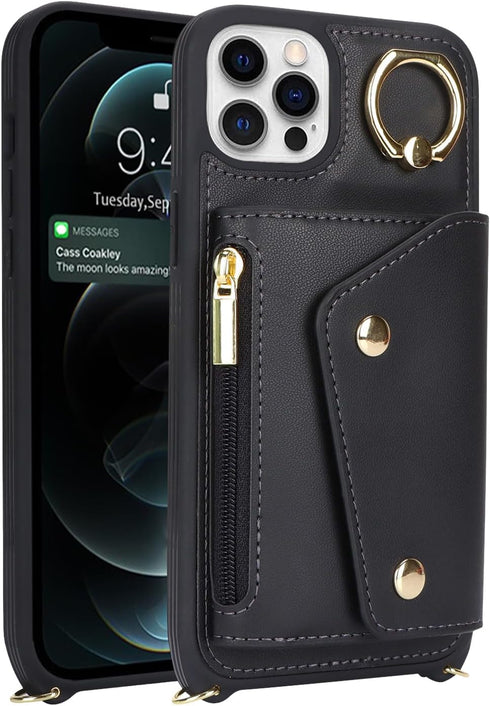 for iPhone 12/12 Pro Case with Card Holder and Strap - Zipper Pocket,Crossbody Lanyard Strap,Credit Card Holder,Stand Ring,Cute Phone Wallet Case ...