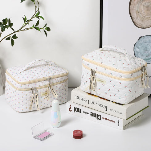 Quilted Makeup Bag, Cotton Cosmetic Bag with Handle Double Layer Travel Toiletry Bag for Women Cute Aesthetic Floral Makeup Bag (Double Cherry)...