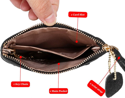 Genuine Leather Coin Purse Pouch Change Wallet for Women,Fox Pattern Leather Coin Purse Keychain Change Pouch Wallet With Wrist Strap (Black)...