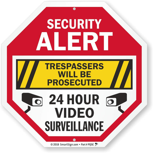 SmartSign Security Alert Sign - Trespassers Will Be Prosecuted, Video Surveillance 24 Hour Sign | 10x10 Octagon Metal, Reflective Aluminum, Outdoo...