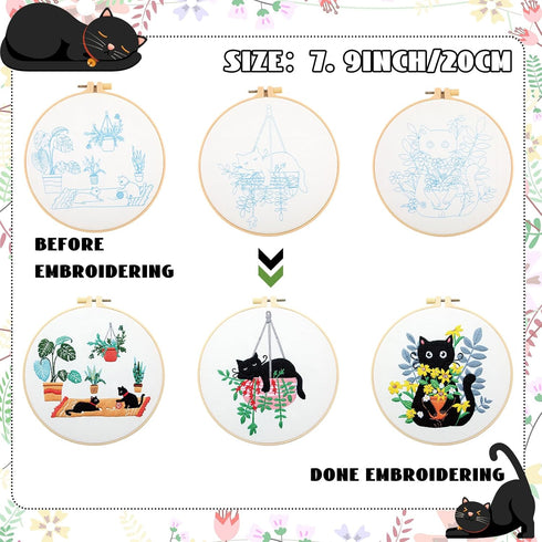 5 Sets Embroidery Starter Kit with Black Cat Patterns and Instructions, DIY Adult Beginner Cross Stitch Embroidery Kits, Including 2 Plastic Embro...