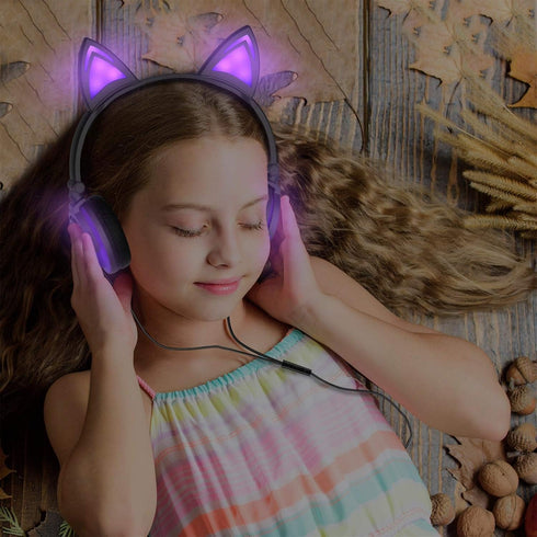 Kids Headphones with light up cat ears On Ear LED Kitty Headphones with Mic for Kids Boys Girls Children Wired Headset for School Learning Tablet ...