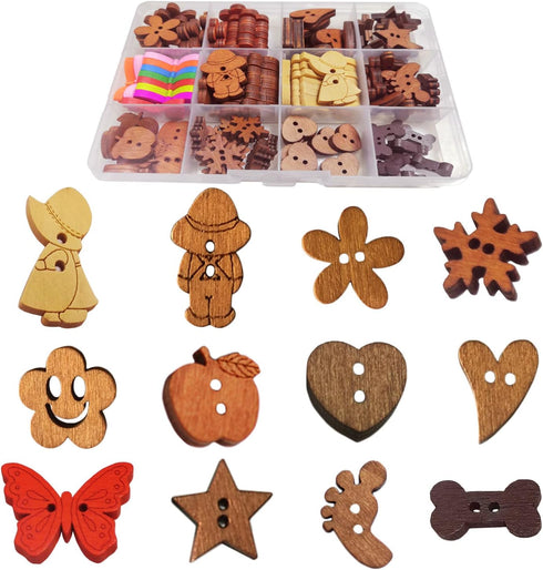 120PCS Assorted Wooden Buttons 2 Holes 12 Shapes Mixed Sewing Art Cloth Art DIY Craft Supplies Kit with Storage Box (12Assorted)...