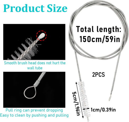 2Pcs 59 Inch Extra Long Pipe Cleaners Stainless Steel and Nylon Bristles Pipe Cleaning Brush Reusable Flexible Drain Brush for Refrigerator Drain ...