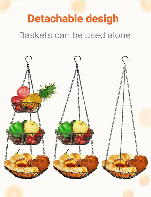 3 Tier Hanging Basket with Sturdy Metal Chain Hanging Hooks Fruit and Vegetable Basket Heavy Duty Wire Organizer Space Saving Rustic Country Style...