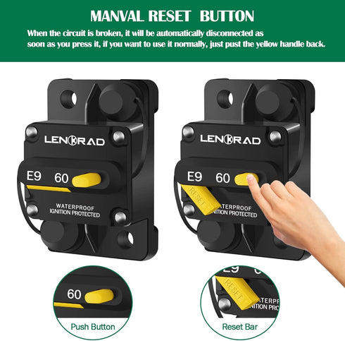 LENKRAD 60 Amp Marine Boat Circuit Breaker Resettable 60A with Manual Reset Switch Button for Trolling, RV, Yacht, 12V - 48V DC, Waterproof, Surfa...