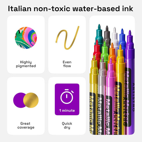ARTISTRO Metallic Paint Pens for Rock Painting, Stone, Ceramic, Glass, Wood, Fabric, Pebbles, Scrapbook Journals, Photo Albums, Card Stocks. Set o...