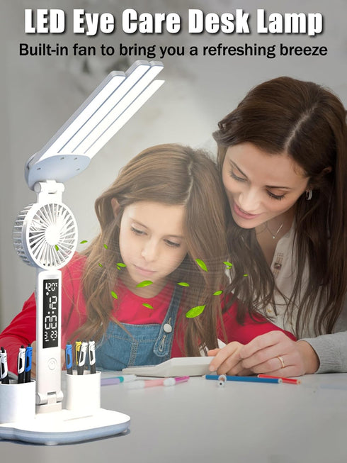 LED Desk Lamp for Office Home, Desk Lamps with Fan, Bright four-Headed table lamp, Adjustable Foldable Table Lamp with Clock Date Fan Pen Down,Tem...