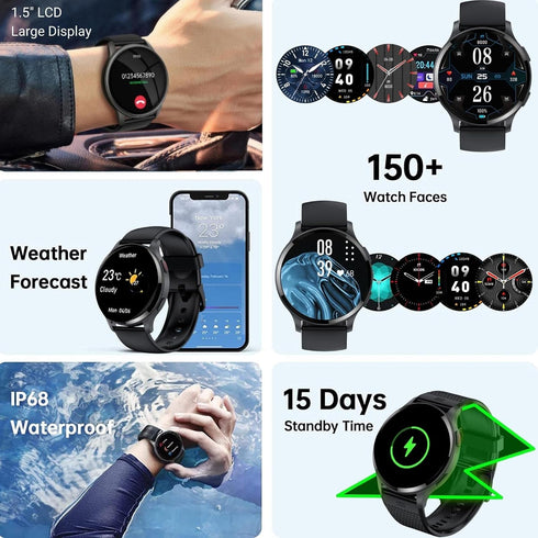Smart Watches for Women Men (Call Receive/Dial), 1.5" Smartwatch with Call/Text/Heart Rate/Sleep/Calories Counter Game, IP68 Waterproof Fitness Tr...