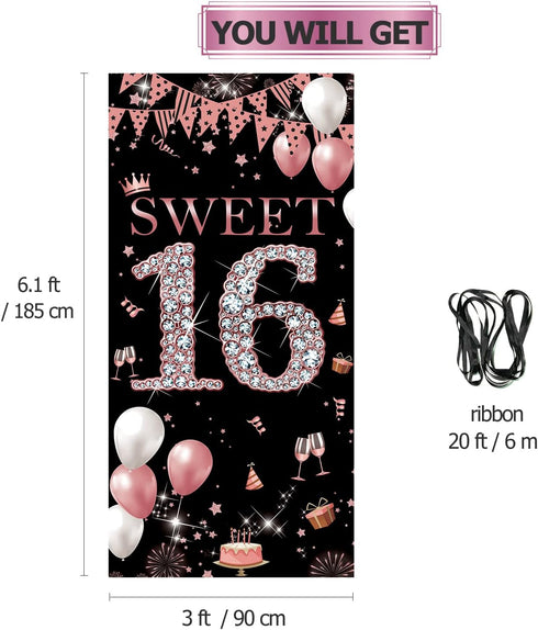 Sweet 16 Birthday Door Banner Backdrop, Happy 16th Birthday Decorations for Girls, Sweet Sixteen Door Cover Rose Gold, 16 Door Poster Sign Birthda...