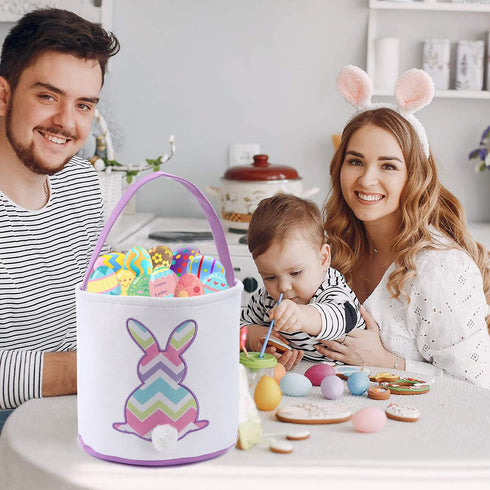 Cootato Easter Bunny Basket Bags for Kids, Stripe Rabbit Pattern Egg Basket Hunt Bags Personalized Canvas Cotton Bucket with Fluffy Tail for Easte...