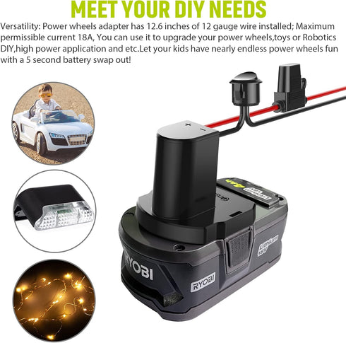 Power Wheel Adapter with Fuse & Switch, Secure Battery Adapter for Ryobi 18V ONE+ Lithium Battery, with 12 Gauge Wire, Good Power Convertor for DI...