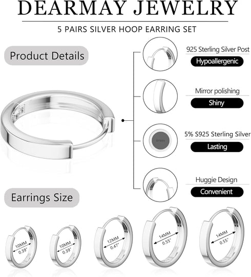 DEARMAY 5 Pairs Silver Huggie Hoop Earring Sets for Women, S925 Sterling Silver Post Small Cubic Zirconia Earrings Jewelry Hypoallergenic Trendy W...