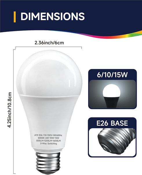 3 Way LED Light Bulbs, 3 Way Light Bulbs 30 70 100W Equivalent, Daylight White 5000K, Three Way A19 Light Bulbs E26 Medium Base, 3-Way Light Bulbs...
