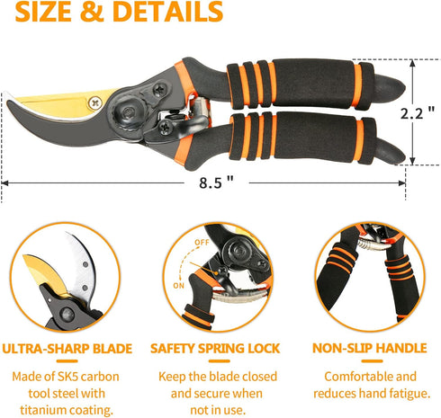Pruning Shears, Garden Shears - Hewog 8.5" Professional Premium SK5 Steel with Titanium Bypass Pruning Shears for Gardening, Sharp Handheld Heavy ...