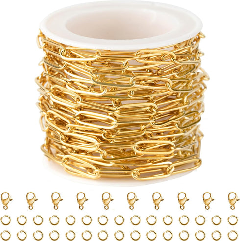 Jabogrii 5 Meters Stainless Steel Paperclip Jewelry Chains Gold Oval Soldered Chain for Jewelry Making Necklace Bracelet Chain with Lobster Clasps...