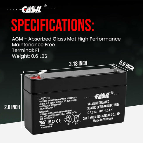 Casil 6v 1.3ah ge 600-1054-95r Simon xt Rechargeable AGM Sealed Lead Acid Battery CA613...