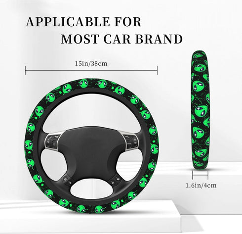 Cool Green Novelty Alien Steering Wheel Cover for Women Men Girls Car Accessories Decor Anti-Slip Neoprene Auto Steering Wheel Covers Protector Un...