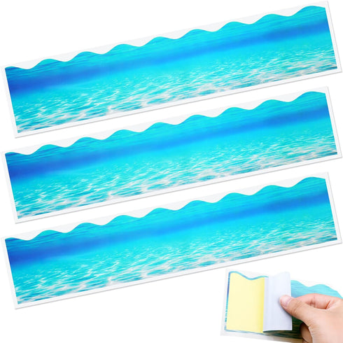 63 Pieces Ocean Waves Bulletin Board Borders Trim Self Adhesive Blue Bulletin Board Trim Decor for Summer Back to School Classroom Office Chalkboa...