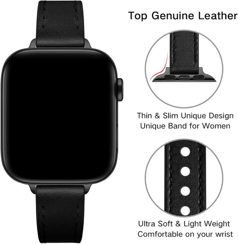 OUHENG Slim Bands Compatible with Apple Watch Band 46mm/49mm/45mm/44mm/42mm, Women Genuine Leather Thin Strap for iWatch Ultra 2/1 SE Series 10 9 ...