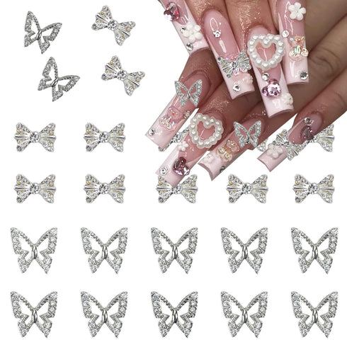 20Pcs Silver Butterfly Bow Nail Charms LRKNNO Shiny 3D Butterfly Nail Gems Charms for Nails Alloy Bows Nail Rhinestones Crystals Butterfly Nail Ar...