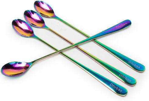 Long-handled ice tea spoon, cocktail stir spoons, stainless steel coffee spoons, Colored ice cream scoop (9 IN iridescence, Round)...