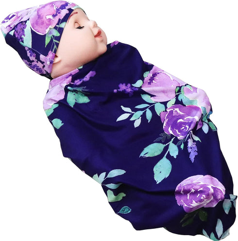 Newborn Swaddle Blanket with Beanie Set,Soft Stretchy Blanket for 0-3 Months Baby Boys and Girls(Purple Flower)...