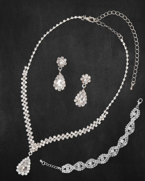 Women Crystal Necklace Earrings Bracelets Set Wedding Rhinestones Necklaces Rhinestone Teardrop Pendant Earrings Shiny Bracelet Jewelry for Brides...