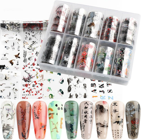 10 Rolls Traditional Chinese Style Nail Foil Transfer Stickers Ink Painting Chinese Characters Pattern Nail Foil Sheets Transfer Foils Stickers Cl...