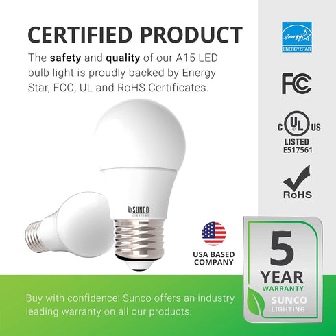 Sunco Lighting 10 Pack A15 LED Bulb Dimmable Refrigerator Appliance Bulbs 8W Equivalent 60W 3000K Warm White 800 LM, E26 Medium Base, Instant On, ...