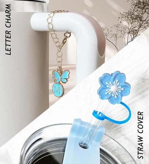 ?3 +3) YILANCOL Straw Cover Compatible with Stanley Tumbler 3PCS Straw Toppers with 3 Initial Letter Butterfly Charms Personalized Handle Charm Fo...