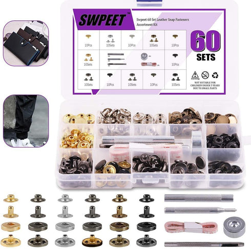 65Pcs 12.5mm Leather Snap Fasteners Kit, Including 6 Colors 60 Sets Leather Rivets with 4Pcs Fixing Tools and Soft Tape Measure, Metal Button Leat...