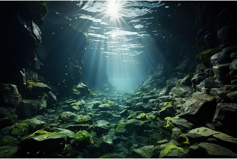 Aquarium Background Underwater Scene Dark Cave and Sunlight Rays Terrarium Background Undersea Rocks with Moss Aquarium Backdrop Fish Tank Decor V...