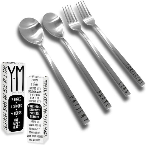 Emotions Utensil Set for Kids (4pcs) Stainless Steel Engraved with Motivational Words to Encourage Eating | Ages 2+ | Child Flatware Cutlery Set |...