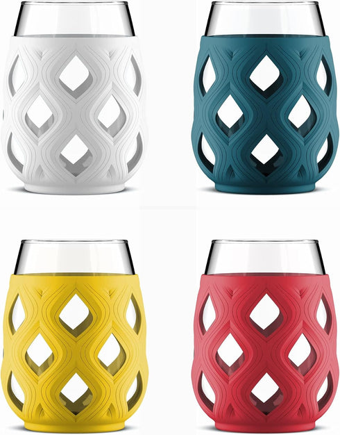 Ello Cru 17oz Stemless Wine Glass Set with Protective Silicone Sleeves, Dishwasher Safe, Cocktail Glass Pack Perfect for Summer Patios and Parties...