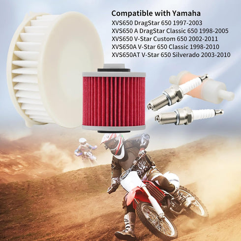 Motorcycle Air Filter & Oil Filter & Fuel Filter & Spark Plug Compatible with Yamaha XVS650 V-Star 650 Custom 1998-2011 XVS650AT V-Star Silverado ...