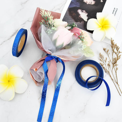 TONIFUL 2 Rolls 3/8 Inch Pearlescent Glitter Ribbon Blue, Sparkling Metallic Ribbon Roll for Christmas Halloween Valentine's Decor, DIY Crafts Wra...