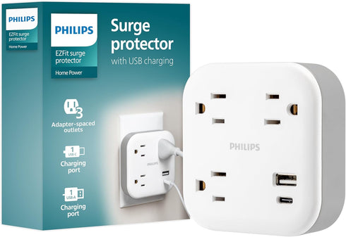 Philips 3-Outlet Surge Outlet Extender with USB, 1 USB-A, 1 USB-C, 12W, 980J, White - SPP9393W/37...