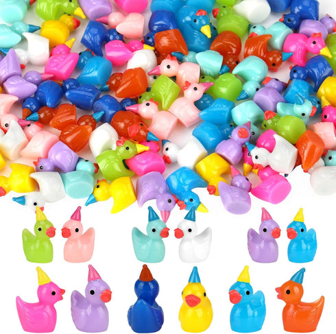 100 Pack Mini Resin Ducks, Multicolor Mini Ducks Wearing Party Hat, Tiny Duck Miniature Duck Figures Tiny Home Ornament for Micro Landscape Dollho...
