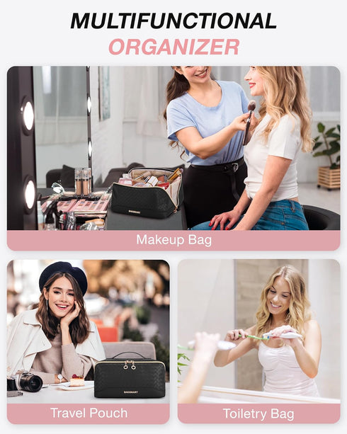 BAGSMART Makeup Bag Cosmetic Bag, Travel Makeup Bag, PU leather Makeup Bags for Women Portable Water-resistent Pouch Open Flat Make Up Organizer B...