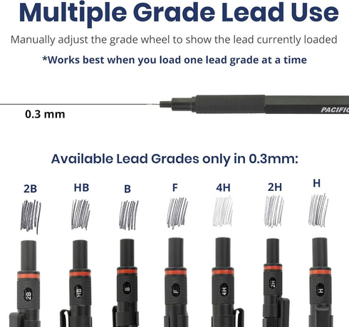 Pacific Arc Chromagraph Metal Mechanical Pencil .3 mm Black Barrel Mechanical Pencil with Built In Adjustable Pencil Grade, Lead Pencil Holder for...