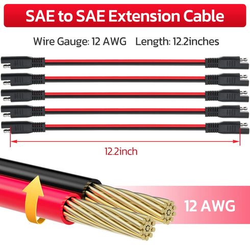 12 AWG SAE to SAE Extension Cable 12 Gauge 2-Pin SAE Connector Extension Cord with Dual Head Plug for Solar Panel Automotive Car Motorcycle 12in...