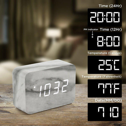 OCT17 Marble Pattern Alarm Clock, Fashion Multi-Function LED Digital Alarm Clocks Stone Cube with USB Power Supply, Voice Control, Timer, Thermome...