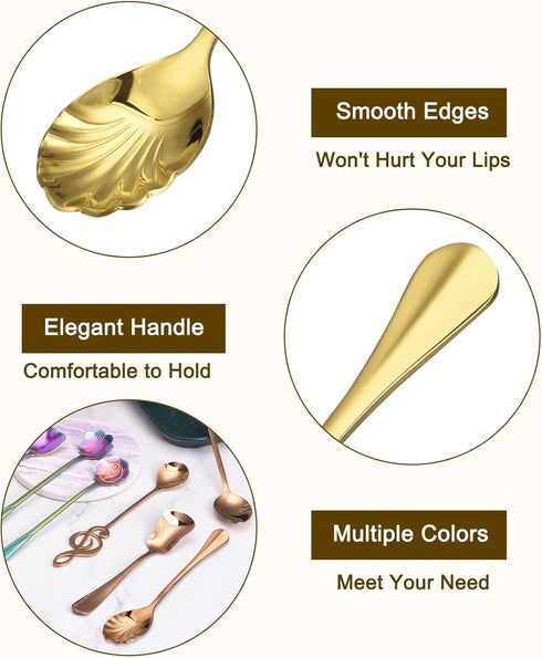 uxcell 7Pcs Stainless Steel Shell Shape Coffee Spoon Tableware Dessert Spoons Stirring Mixing Spoon for Tea Coffee Cake Sugar, 5 Inch Gold...