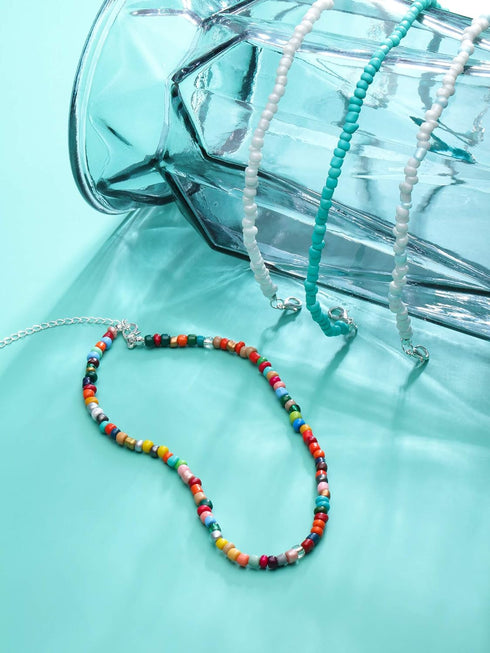 4 Pieces Women Bead Choker Necklace Colorful Bohemian Seed Bead Chain Girls Boho Hawaiian White Tiny Turquoise Layered Collar (Style A, 4 Pieces)...